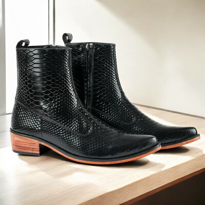Men's Handmade Black Python Texture Zipper Boot