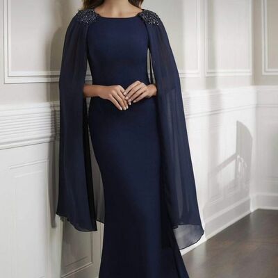 Elegant mother of the bride/groom dress navy blue with shawl evening formal prom dress