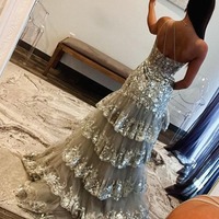 Sparkly One Shoulder Silver Sparkly Sequins Long Mermaid Prom Dresses with Slit ,PD230873 - Thumbnail 1