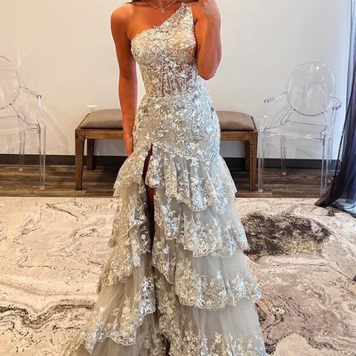 Sparkly one shoulder silver sparkly sequins long mermaid prom dresses with slit ,pd230873