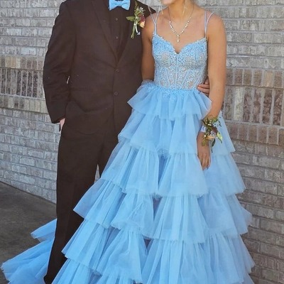 Cute lavender v neck tulle a line long prom dresses with appliques,pd230874 - Thumbnail 1