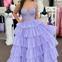 Cute Lavender V Neck Tulle A Line Long Prom Dresses with Appliques,PD230874 - Thumbnail 2
