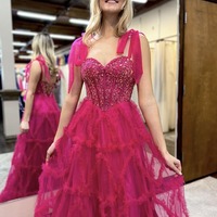 Fairy Fuchsia A Line Sweetheart Tiered Tulle Long Prom Dresses with Appliques,PD230875 - Thumbnail 2