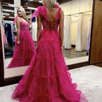Fairy Fuchsia A Line Sweetheart Tiered Tulle Long Prom Dresses with Appliques,PD230875 - Thumbnail 1