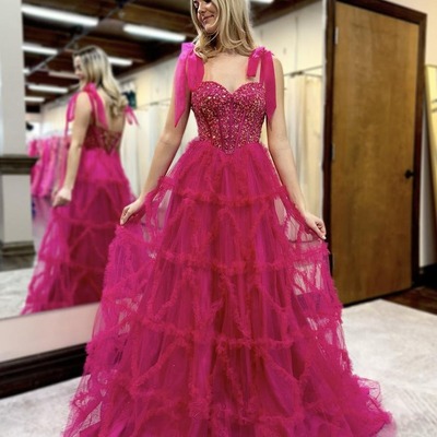 Fairy fuchsia a line sweetheart tiered tulle long prom dresses with appliques,pd230875