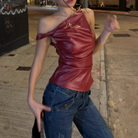 Leather off-shoulder personality fashion irregular sleeveless top - Thumbnail 8