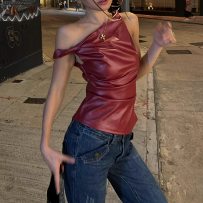 Leather off-shoulder personality fashion irregular sleeveless top