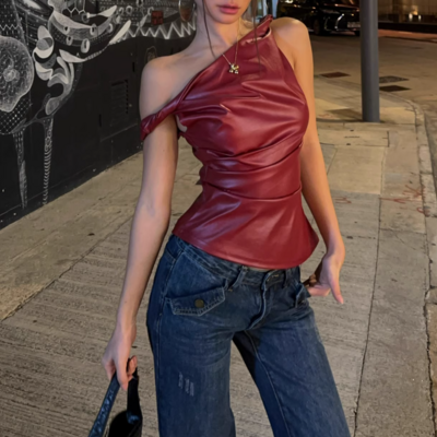Leather off-shoulder personality fashion irregular sleeveless top - Thumbnail 5