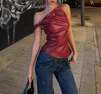 Leather off-shoulder personality fashion irregular sleeveless top
