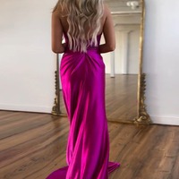 Charming Royal Blue Mermaid V Neck Satin Long Prom Dresses with Lace ,PD230879 - Thumbnail 1