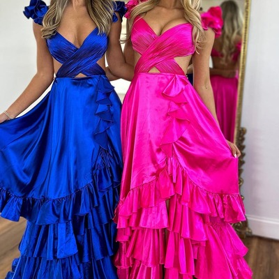 Fashion v neck fuchsia satin a line long prom dresses with slit  ,pd230880 - Thumbnail 1