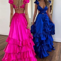Fashion V Neck Fuchsia Satin A Line Long Prom Dresses with Slit  ,PD230880 - Thumbnail 2