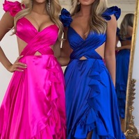 Fashion V Neck Fuchsia Satin A Line Long Prom Dresses with Slit  ,PD230880 - Thumbnail 1