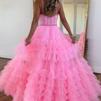 Cute Scoop Neck Pink Tiered Tulle A Line Long Prom Dresses with Beading,PD230881 - Thumbnail 2