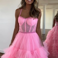 Cute Scoop Neck Pink Tiered Tulle A Line Long Prom Dresses with Beading,PD230881 - Thumbnail 1