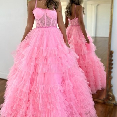 Cute scoop neck pink tiered tulle a line long prom dresses with beading,pd230881 - Thumbnail 1