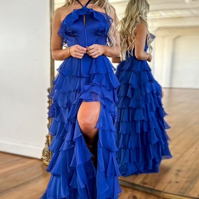 Fairy a line straps tiered chiffon long prom dresses with slit,pd230883 - Thumbnail 1