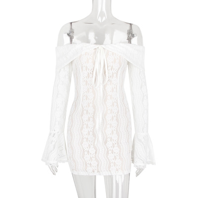 Lace long sleeve one shoulder dress tight hip skirt