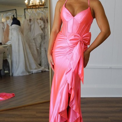 Cute v neck pink satin long mermaid prom dresses with bow,pd230888