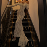 Long-sleeved lace one-shoulder fishtail floor-length dress white dress - Thumbnail 9