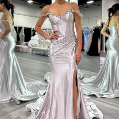 Charming off the shoulder satin long mermaid prom dresses with beading ,pd230890