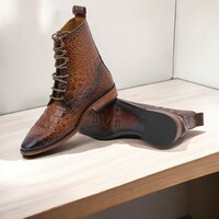 Handmade Brown Crocodile Texture Leather Ankle Boot For Men's - Thumbnail 1