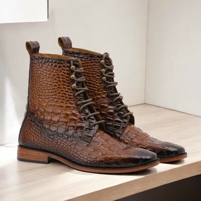 Men's handmade brown crocodile texture leather ankle boot