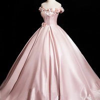 Pink Satin Long Prom Dress, Off the Shoulder Party Dress - Thumbnail 2