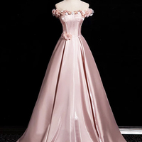 Pink Satin Long Prom Dress, Off the Shoulder Party Dress - Thumbnail 4