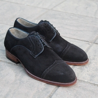 Crafted Leather Classic Men Black Suede Leather Wingtip Oxford Lace up Dress Shoes - Thumbnail 1