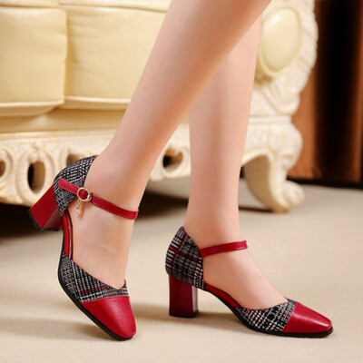 Stunning england plaid contrast patchwork point toe sandal block heels patent leather shoes deluxe rave awesome