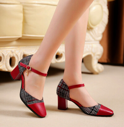 Stunning England Plaid Contrast Patchwork Point Toe Sandal Block Heels Patent Leather Shoes Deluxe Rave Awesome