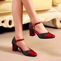 Stunning England Plaid Contrast Patchwork Point Toe Sandal Block Heels Patent Leather Shoes Deluxe Rave Awesome - Thumbnail 1