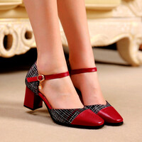 Stunning England Plaid Contrast Patchwork Point Toe Sandal Block Heels Patent Leather Shoes Deluxe Rave Awesome - Thumbnail 3