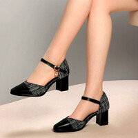 Stunning England Plaid Contrast Patchwork Point Toe Sandal Block Heels Patent Leather Shoes Deluxe Rave Awesome - Thumbnail 5