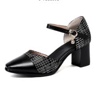 Stunning England Plaid Contrast Patchwork Point Toe Sandal Block Heels Patent Leather Shoes Deluxe Rave Awesome - Thumbnail 6