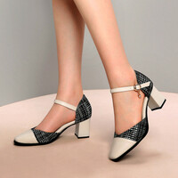 Stunning England Plaid Contrast Patchwork Point Toe Sandal Block Heels Patent Leather Shoes Deluxe Rave Awesome - Thumbnail 8