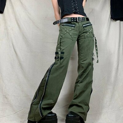 Punk Goth Cross Straps Rivets Eyelet Zippers Side Fly Slit Low Waist Flare Trousers Streetwear Rave