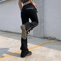 Vintage Punk Goth Buckle Rings Rivets Eyelet Side Zippers Fly Slit Flare Cargo Trousers Streetwear Rave - Thumbnail 2