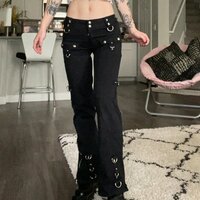Vintage Punk Goth Buckle Rings Rivets Eyelet Side Zippers Fly Slit Flare Cargo Trousers Streetwear Rave - Thumbnail 4