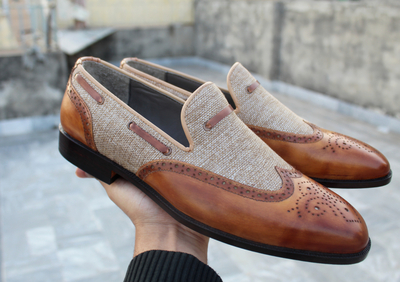 Crafted Leather Classic Men Brown Tweed Leather Wingtip Loafers Moccasin Dress Shoes