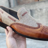 Crafted Leather Classic Men Brown Tweed Leather Wingtip Loafers Moccasin Dress Shoes - Thumbnail 1