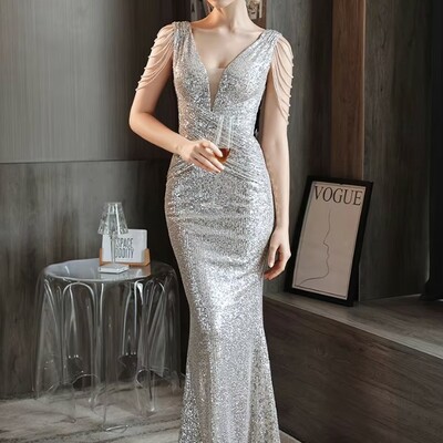 Sexy v neck sequined evening party dress