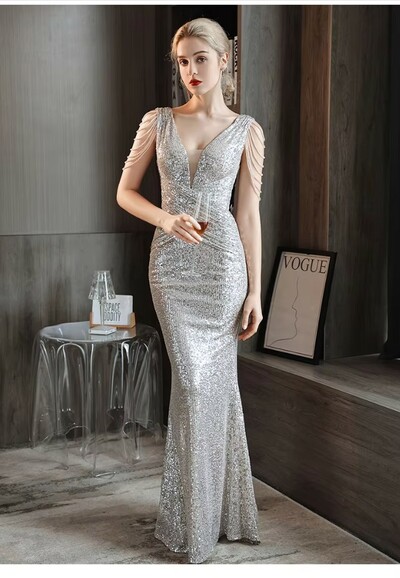 Sexy V Neck Sequined Evening Party Dress
