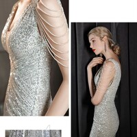 Sexy V Neck Sequined Evening Party Dress - Thumbnail 3