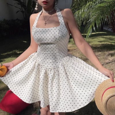 Sexy backless slim fit sweet halter neck polka dot dress