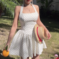 Sexy backless slim fit sweet halter neck polka dot dress - Thumbnail 3
