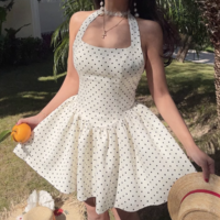 Sexy backless slim fit sweet halter neck polka dot dress - Thumbnail 4