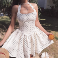 Sexy backless slim fit sweet halter neck polka dot dress - Thumbnail 5