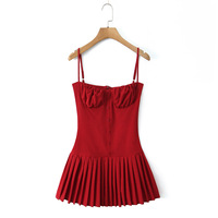 Sexy low-cut stitching suspenders pleated miniskirt dress - Thumbnail 2